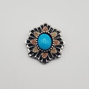Sterling Silver 12K Black Hills Gold Leaf Blue Glass Cabochon Pendant